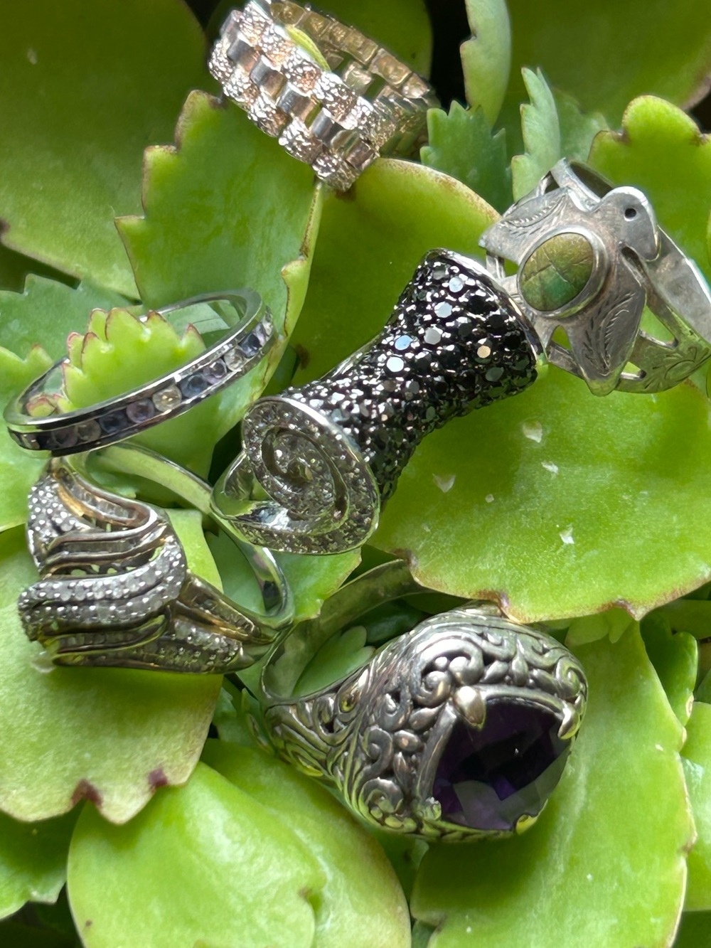 Bundle sterling silver amethyst diamonds cz cocktail ring sz 6.50-8 lots jewelry